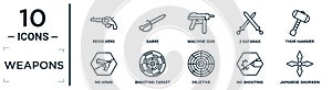 weapons linear icon set. includes thin line revolvers, machine gun, thor hammer, shooting target, no shooting, japanese shuriken,