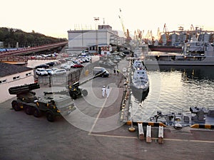 Weapons, military equipment, Marine Passenger Terminal, naval ships on the Sea Breeze in port Odessa, Ukraine - July 2019