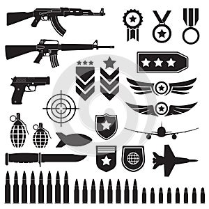 Weapons and military set. Sub machine guns, pistol and bullets black icons isolated on white background. Symbolics and badge for a