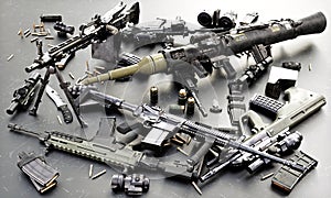 Weapons stash of military grade weapons with automatic assault rifles, RPG and accessories.