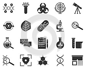 Wear. Bioengineering glyph icons set. Biotechnology for health, researching, materials creating. Molecular biology, biomedical and