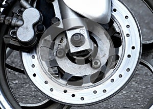 Wear brake disc on the front wheel of motorcycle