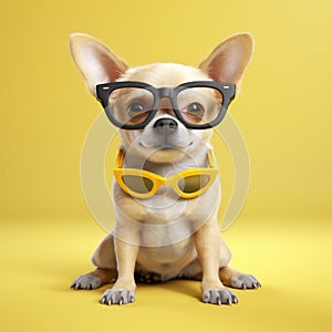 dog chihuahua portrait pet cute cool glasses puppy yellow animal background. Generative AI. photo
