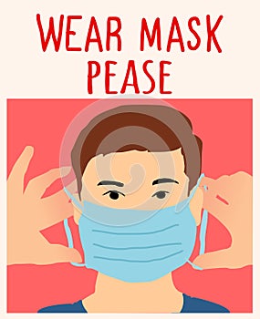 Wear mask please. very close up man wearing mask hand drawn vector illustration