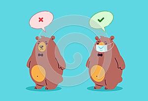 Wear a mask sign. Right is wearing mask, wrong is without mask - COVID virus outbreak - vector cartoon illustration - two bears