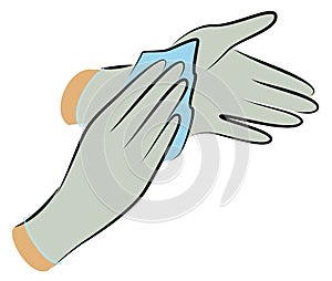 Wear sterile gloves. Wipe with an antiseptic cloth. Hygienic procedure. Disease prevention, good for health. Vector illustration