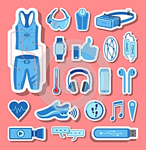 Wearable technology icons group set in blue tones