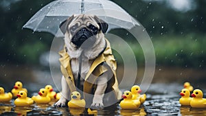 wearing a tiny raincoat and holding an umbrella, sitting in a puddle with rubber ducks duckies