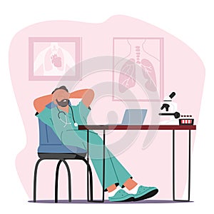 Weary And Disheartened Doctor Slouches In His Office, Burdened By Exhaustion And Sorrow, Vector Illustration photo