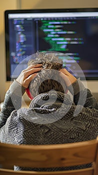 A weary programmer holds his head in dismay amidst a coding session. The orderly environment contrasts with the apparent