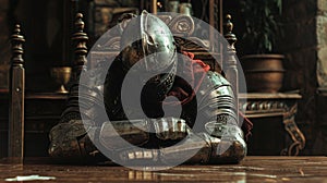 A wearylooking warrior sits slumped at a table his armor and sword leaning against the chair lost in thought as he photo