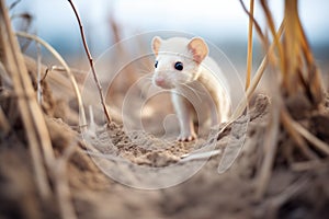 weasel standing alert by a network of ground hollows