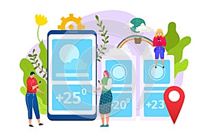 Weather app design, forecast web widgets application template, vector illustration. Mobile interface with weather icons