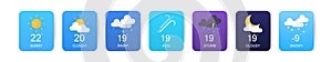 Weather app interface. Weather icon set for a web site or mobile app UI. Card for a weather widget. All icons for weather with