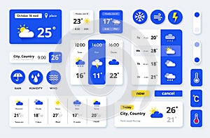 Weather app widget. Ui icon for screen. Week or day forecast. Mobile meteorology with temperature graphic. Clouds, sun