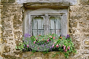 Weather-beaten wooden window with flower decoration photo