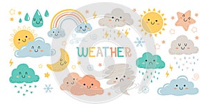 Weather characters design elements. Cute sad and happy clouds, stars, sun and rainbow