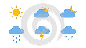 Weather color icons set. Meteorology shapes. Collection of modern flat symbols. Climate forecast. Meteo pictogram for