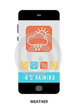 Weather concept on black smartphone with different user interface elements