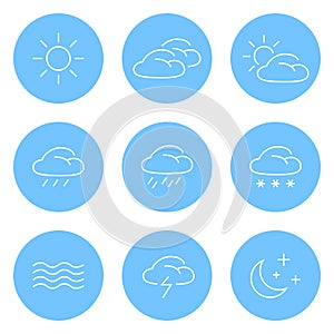 Weather concept line vector icons in isolated blue circles on white background