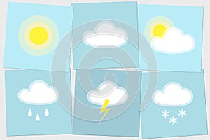 Weather day icon Sun cloud rain lightning snow simple isolated on blue background Icon symbol sunny cloudy rainy snowy weather Set