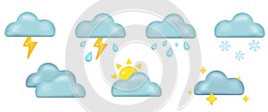 Weather emoji icon set. Thunder, blizzard, rain, cloudy, sunny weather symbols. Vector illustrations