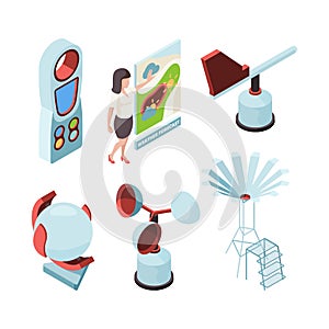 Weather equipment. Meteorologic station observing office forecast presenter place vector isometric set photo