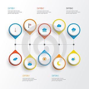 Weather Flat Icons Set. Collection Of Cloud, Moon, Banner And Other Elements. Also Includes Symbols Such As Shower
