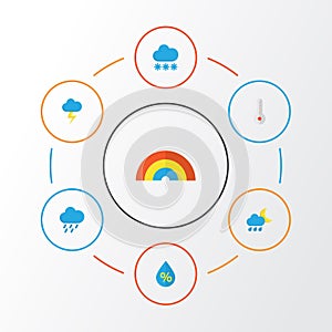 Weather Flat Icons Set. Collection Of The Flash, Hailstones, Temperature And Other