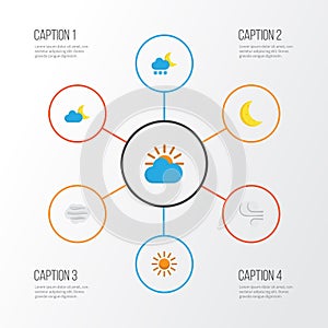 Weather Flat Icons Set. Collection Of Sunny, Frosty, Sun And Other Elements. Also Includes Symbols Such As Demilune, Sun
