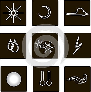 Weather flat square icons. White outlines, clouds, fog, moon, sun, rain, snow, storm, temperature, wind against a black background