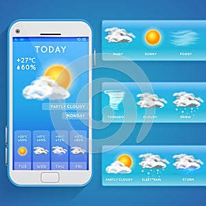 Weather forecast app on smartphone screen and realistic vector icons