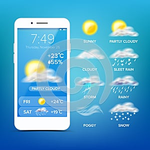 Weather Forecast App Vector. Realistic Smartphone Screen. Weather App With Icons. Design Element Illustration