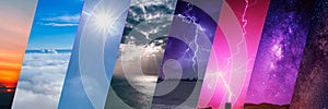 Weather forecast background, climate change concept, collage of sky image with variety weather conditions - bright sun and blue