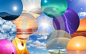 Weather forecast background, climate change concept, collage of sky image with variety weather conditions - bright sun and blue