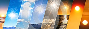 Weather forecast background, climate change concept, collage of sky image with variety weather conditions - bright sun and blue