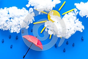 Weather forecast concept. Sunny and rainy. blue background top view