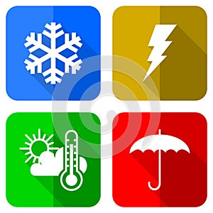 Weather forecast concept vector icons, set of snowflake, thunder, umbrella, sun and cloud symbols in eps 10