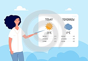Weather forecast concept. Woman forecasting weather in tv news. Vector flat illustration