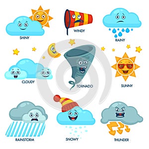 Weather forecast elements with faces and signs set