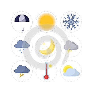 Weather forecast flat icon set with sun, rain, clouds