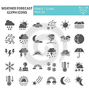 Weather forecast glyph icon set, climate symbols collection, vector sketches, logo illustrations, meteorology signs