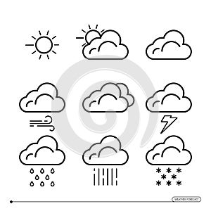 Weather forecast icon set. The black linear icons isolated on white background