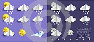 Weather forecast icon set, vector illustration in paper art style