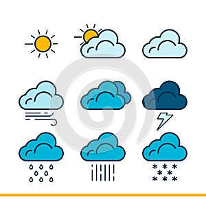 Weather forecast icons with an outline are isolated on a white background. Vector illustration