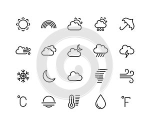 Weather forecast linear icons set. Snow, rain, sleet. Shower or drizzle, thunderstorm. Sunny, cloudy, foggy and windy