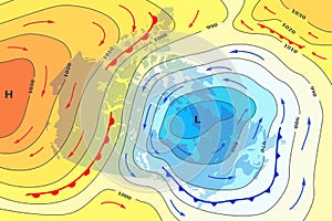 Weather forecast map of Canada. Movement of cold front to Canada. Template of climate map for synoptic prediction with pressure