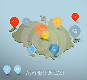 Weather forecast map with flat pointers and icons