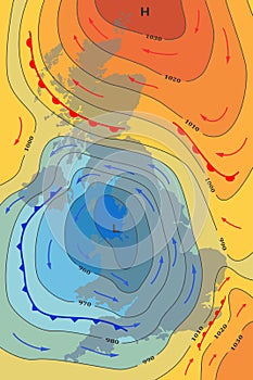 Weather forecast map of Great Britain. Movement of cold front to UK. Meteorological forecast. Template of synoptic map