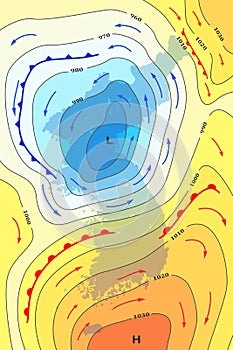 Weather forecast map of Korea. Movement of warm cyclone to Korea. Template of climate map for synoptic prediction with pressure,